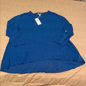 NWT Eileen Fisher Royal Blue Long Sleeve  87% Organic Linen Crepe Knit Top